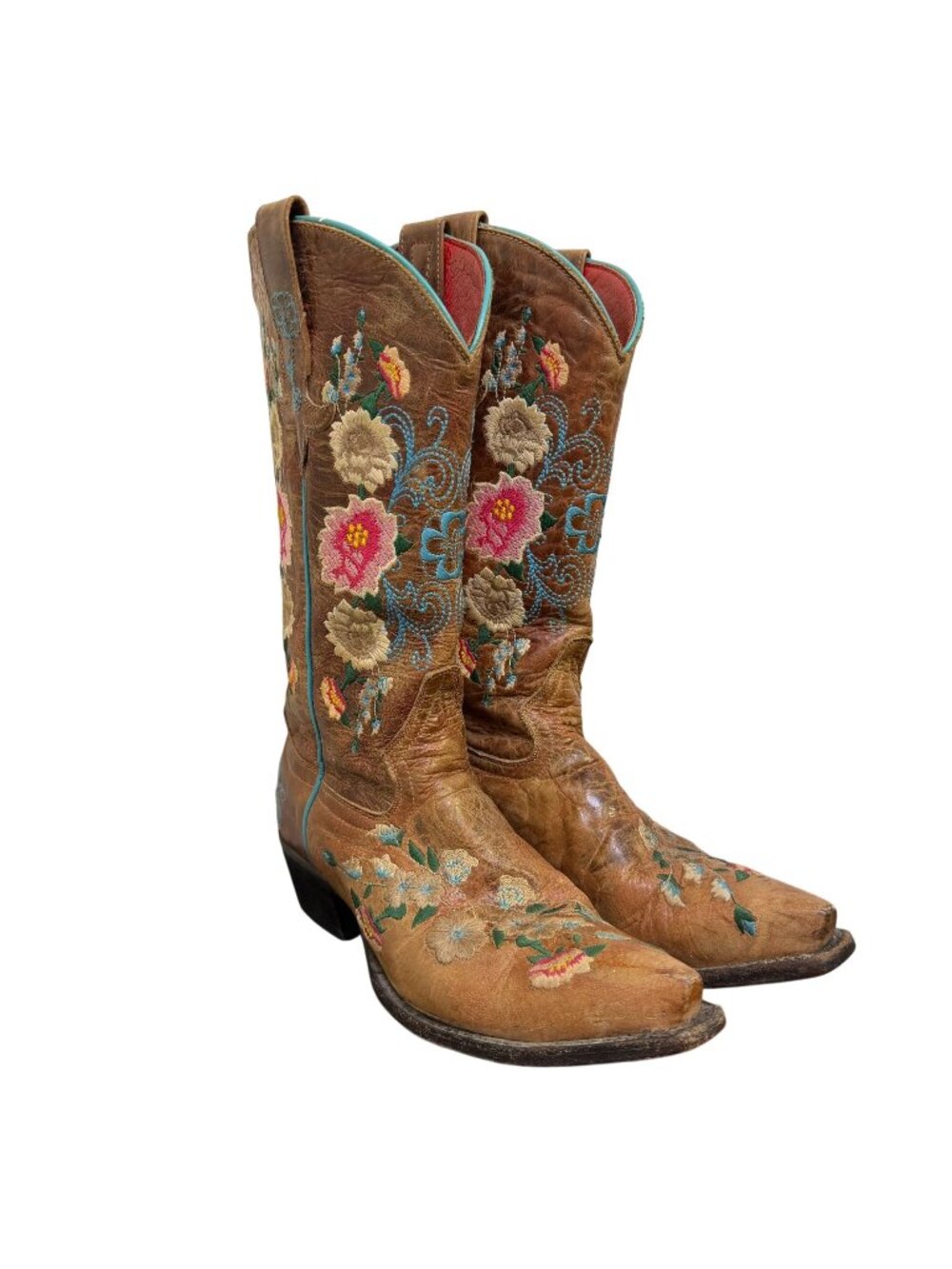 Macie Bean Floral Embroidered Brown Leather Cowboy Boots 6.5